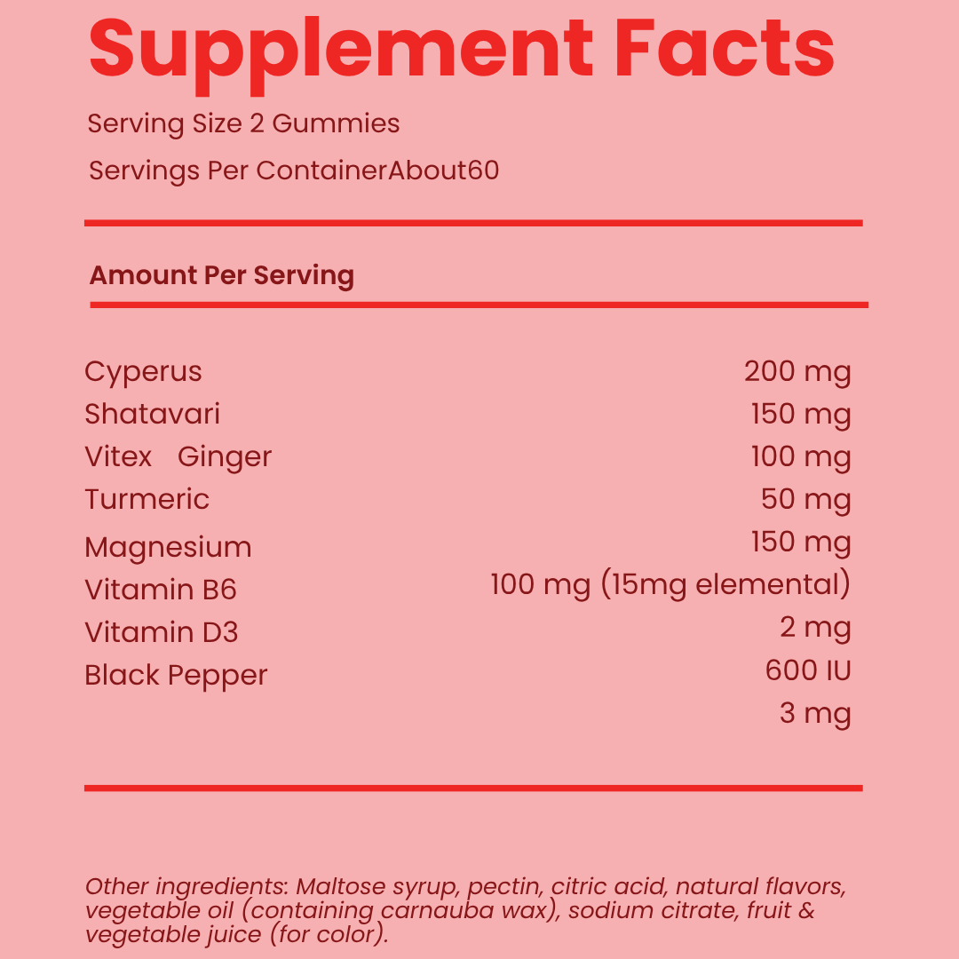 Supplement facts label for Verdawell The Cycle Gummy showing ingredients including Vitex, Shatavari, Ginger, Magnesium and Vitamin B6 for PMS relief