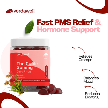 Verdawell The Cycle Gummy benefits image showing fast PMS relief, hormone support, cramp relief, mood balance and reduced bloating