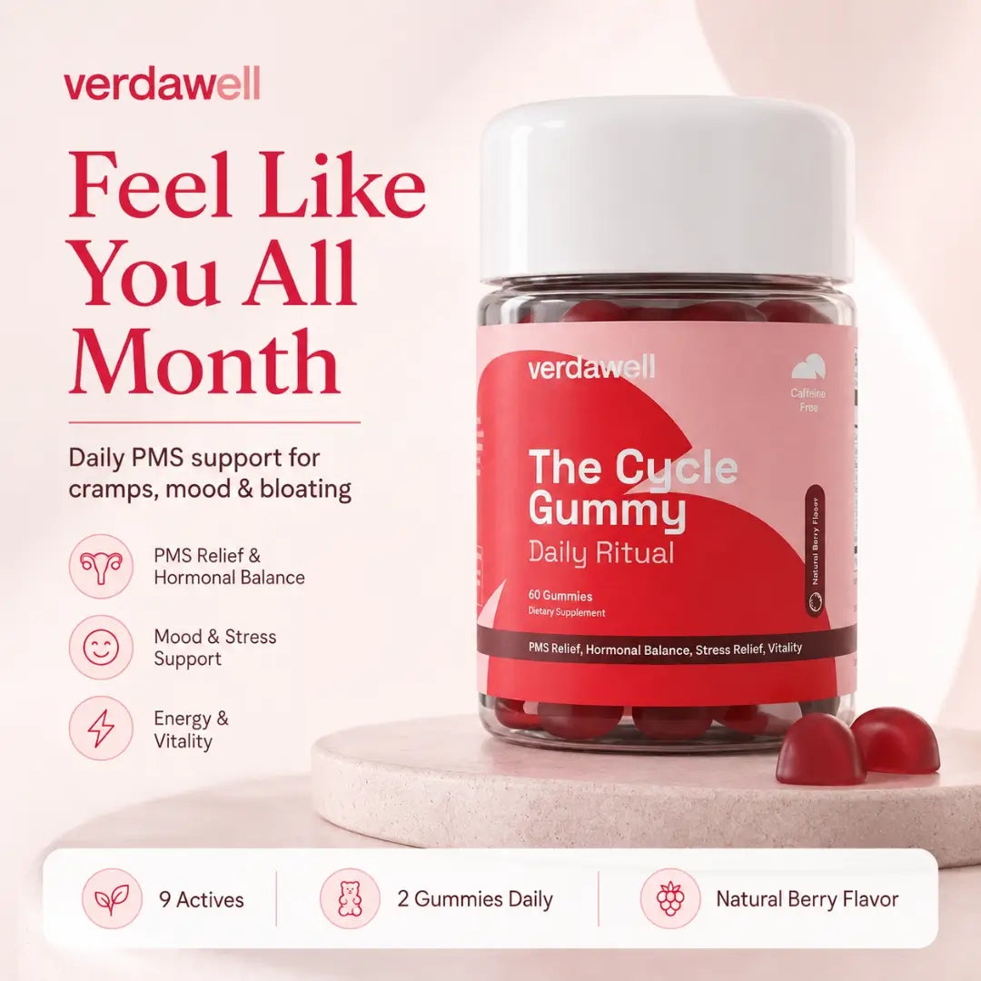 Verdawell The Cycle Gummy with daily PMS support messaging for cramps, mood and bloating